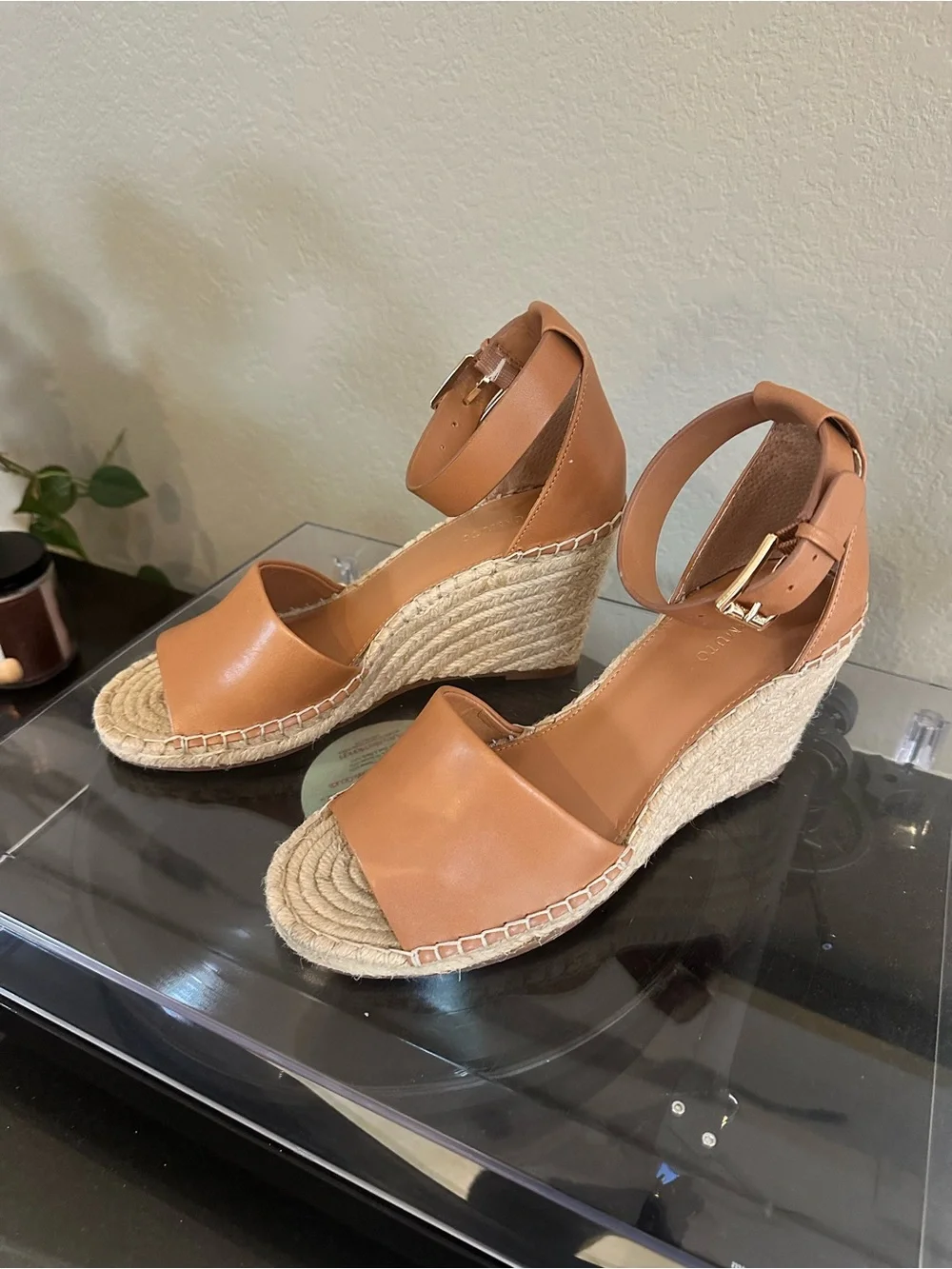 Vince Camuto Cognac Leather Espadrille Wedge Sandals